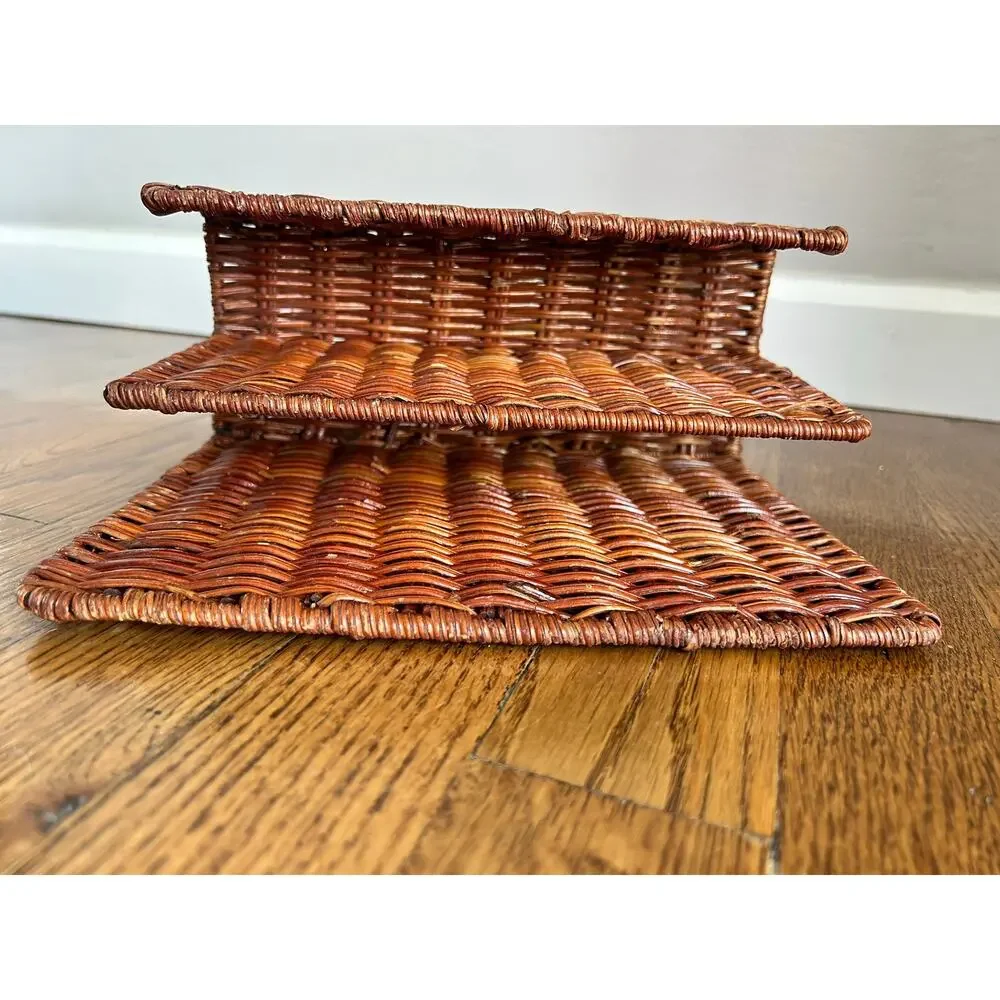 Vintage Woven Wicker Letter Rack | 3-Slot Rattan Mail & Magazine Organizer